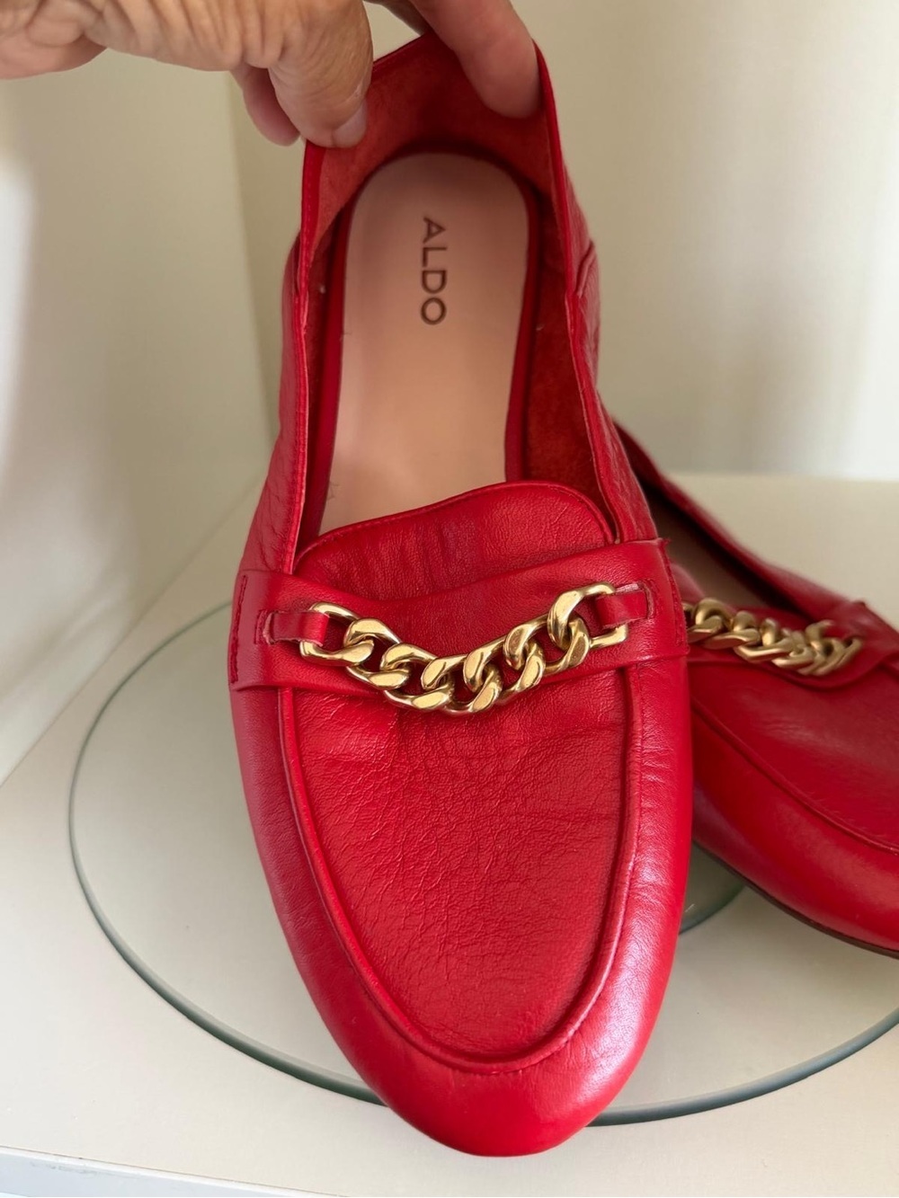 Aldo Red Leather Chain-Detail Loafers